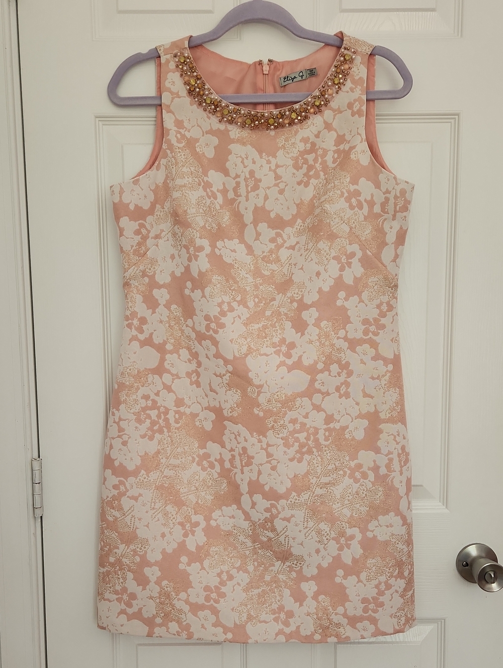 Cute Coquette Formal Eliza J Pink Rose Gold Floral Beaded-Neck Shift Dress